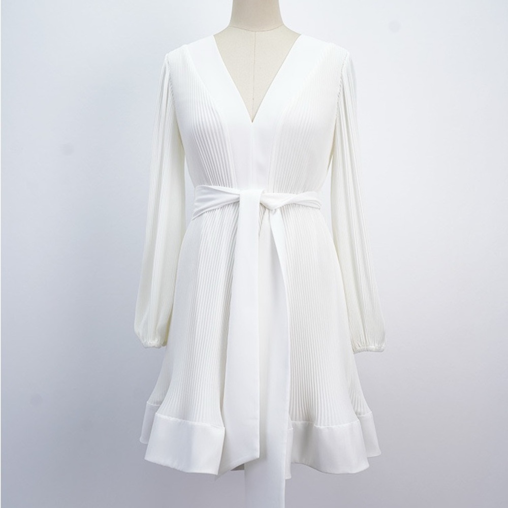 NWOT Milly Liv Long-Sleeve V-Neck Pleated Belted Mini Dress - Picture 8 of 16